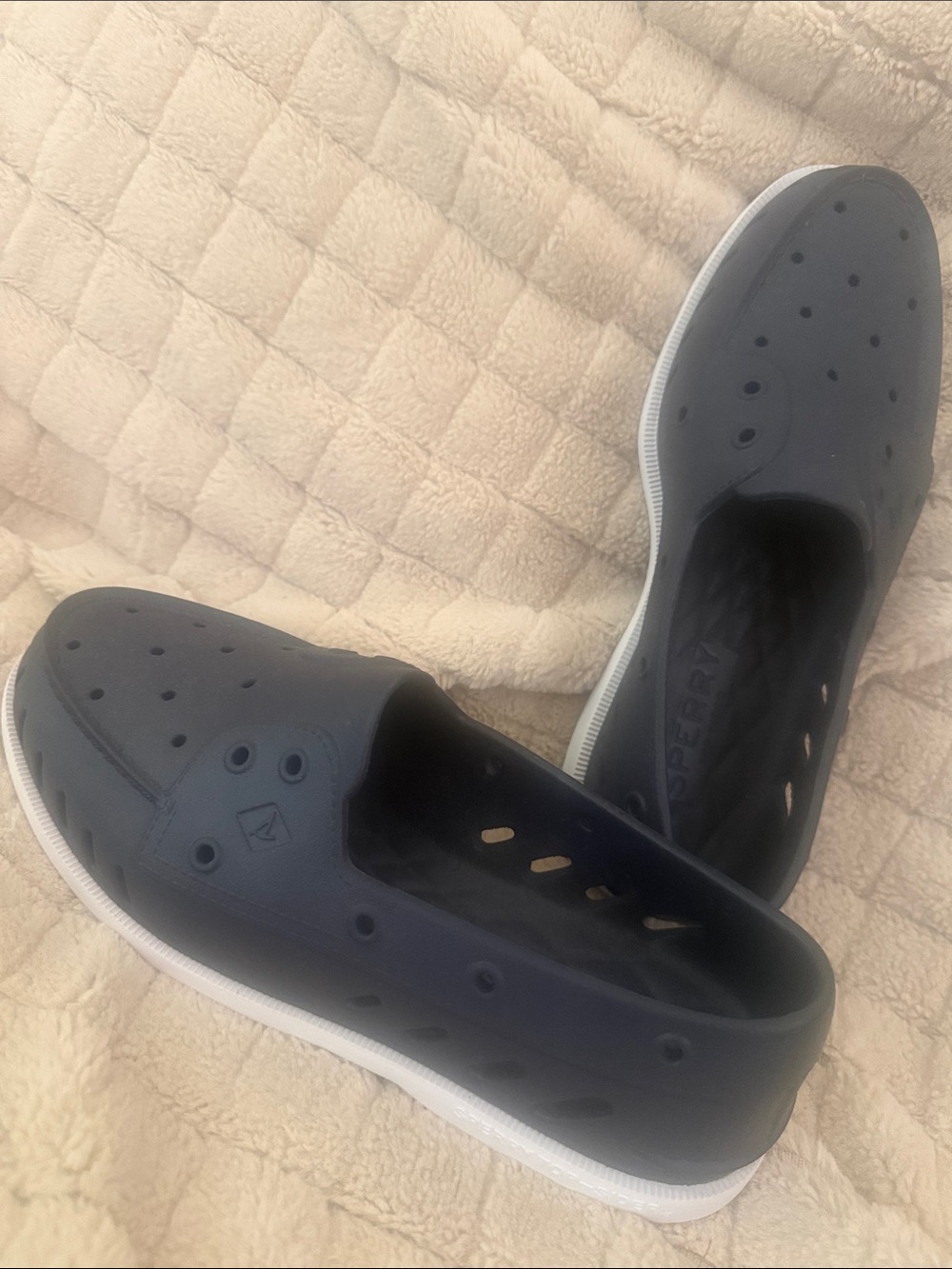 Sperry Navy Slip-On Perforated Boat Shoe with White Sole